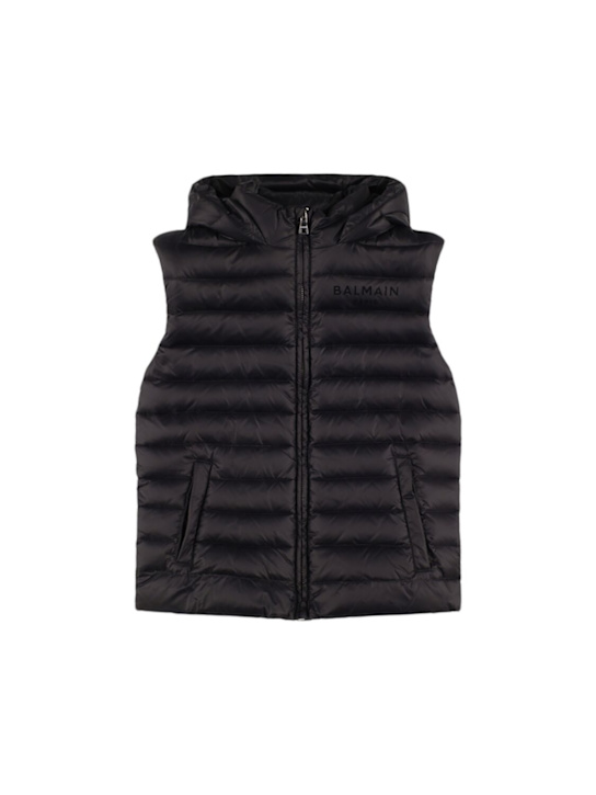 Balmain: Hooded poly down jacket - Black - kids-boys_1 | Luisa Via Roma