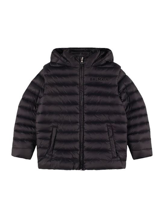 Balmain: Hooded poly down jacket - Black - kids-boys_0 | Luisa Via Roma
